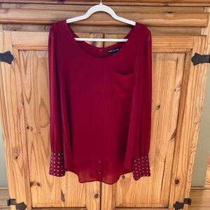 Double Zero Top Red Long Sleeve Sheer Round Neck Women's Blouse Size Large